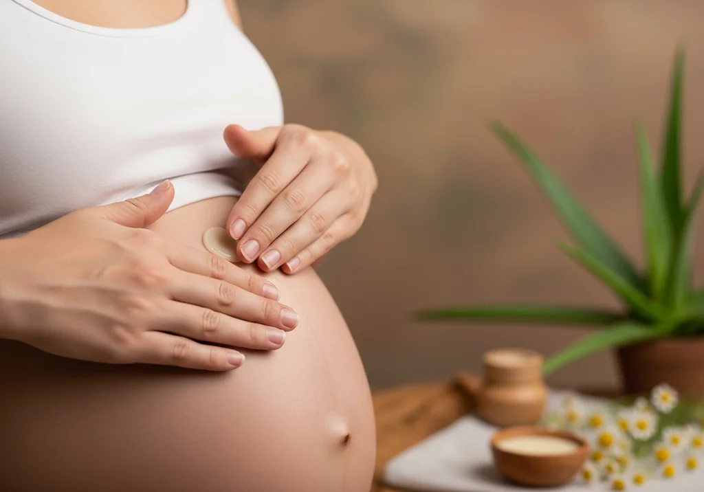 Kobieta w ciąży nakłada balsam na brzuch w otoczeniu naturalnych składników, takich jak aloes i rumianek.