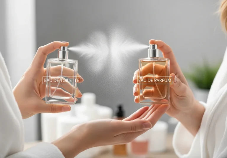Dwie dłonie rozpylające mgiełkę z flakonów z etykietami Eau de Toilette oraz Eau de Parfum.