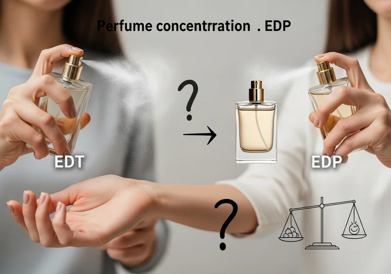 Dłonie rozpylające perfumy EDT i EDP z pytajnikami oraz wagą symbolizującą różnice między nimi.