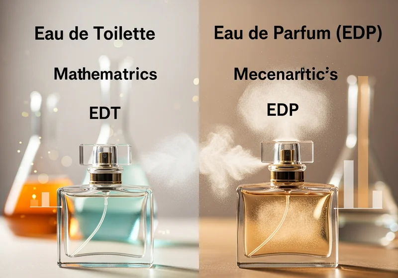 Dwa flakony perfum: EDT (Mathematrics) z lekką mgiełką oraz EDP (Mecenartic's) o większym stężeniu i wyrazistym rozpyleniu.