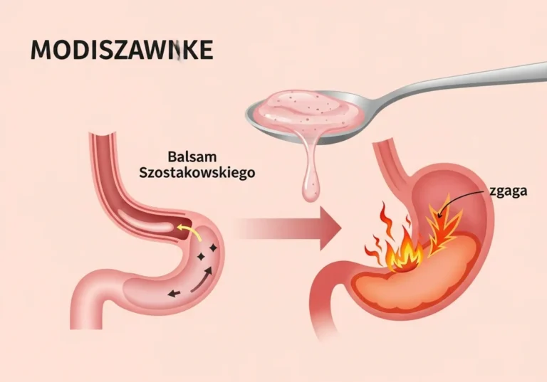 Balsam Szostakowskiego na łyżeczce powlekający przełyk i żołądek w celu złagodzenia pieczenia spowodowanego zgagą.