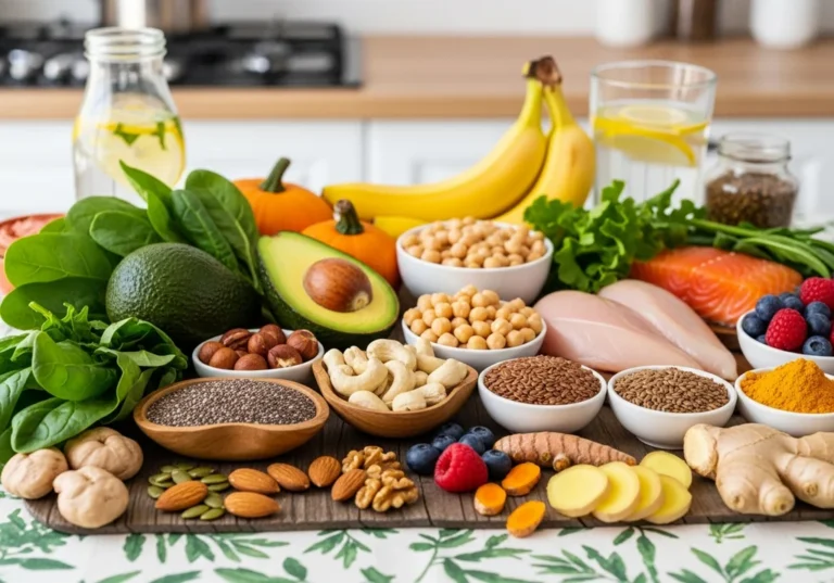 Zróżnicowane zdrowe produkty: warzywa, owoce, orzechy, ryba i kurczak, wspierające dietę w fazie lutealnej cyklu.