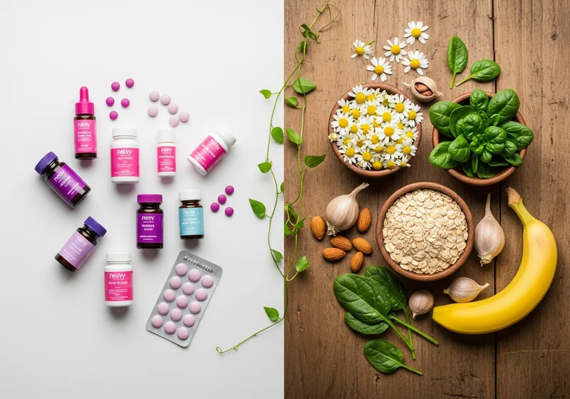 Porównanie suplementów diety w opakowaniach z naturalnymi produktami spożywczymi: rumiankiem, szpinakiem, owsem i bananem.