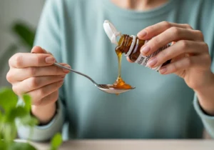 Osoba dozująca balsam Szostakowskiego na łyżeczkę zgodnie z instrukcją dawkowania preparatu.