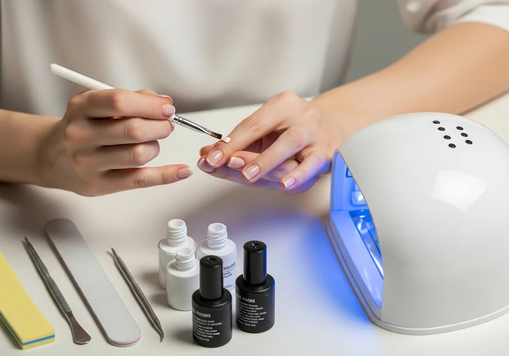 Osoba wykonująca manicure hybrydowy: aplikacja lakieru pędzelkiem, narzędzia oraz włączona lampa UV na stanowisku pracy.