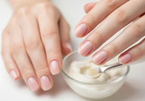 Zadbana dłoń z naturalnie lśniącymi paznokciami po zabiegu manicure japońskiego przy miseczce z pastą odżywczą.