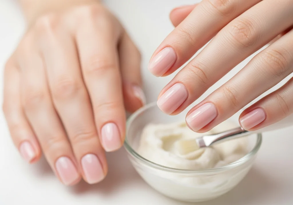 Zadbana dłoń z naturalnie lśniącymi paznokciami po zabiegu manicure japońskiego przy miseczce z pastą odżywczą.