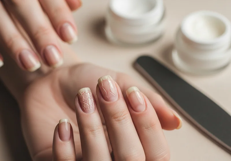 Zadbane dłonie z paznokciami o naturalnym wykończeniu, obok pilnika i kosmetyków do manicure, na beżowym tle.