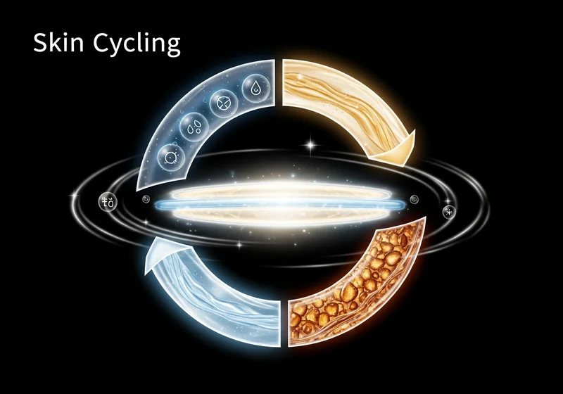 Grafika przedstawiająca cykl pielęgnacji skóry (Skin Cycling) z podziałem na etapy rotacji składników aktywnych i regeneracji.