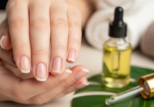 Zadbane dłonie z manicurem typu french oraz buteleczka olejku do skórek i pipeta na liściu jako element pielęgnacji.