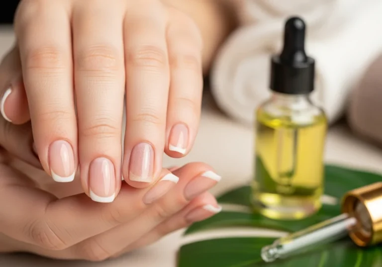 Zadbane dłonie z manicurem typu french oraz buteleczka olejku do skórek i pipeta na liściu jako element pielęgnacji.