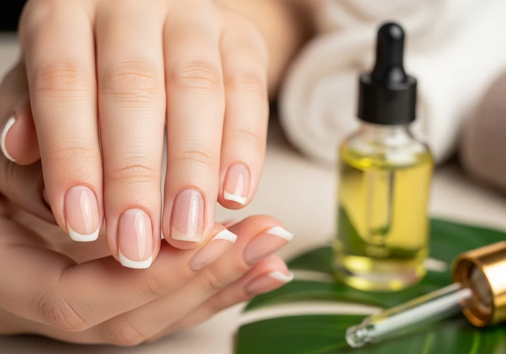Zadbane dłonie z manicurem typu french oraz buteleczka olejku do skórek i pipeta na liściu jako element pielęgnacji.