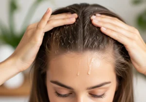 Kobieta podczas aplikacji wcierki na skórę głowy, odsłaniająca widoczne u nasady włosów baby hair.