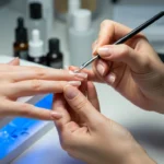 Manikiurzystka precyzyjnie nakłada cienką warstwę lakieru hybrydowego pędzelkiem na paznokieć klientki.