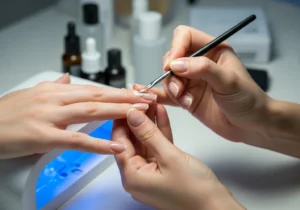 Manikiurzystka precyzyjnie nakłada cienką warstwę lakieru hybrydowego pędzelkiem na paznokieć klientki.