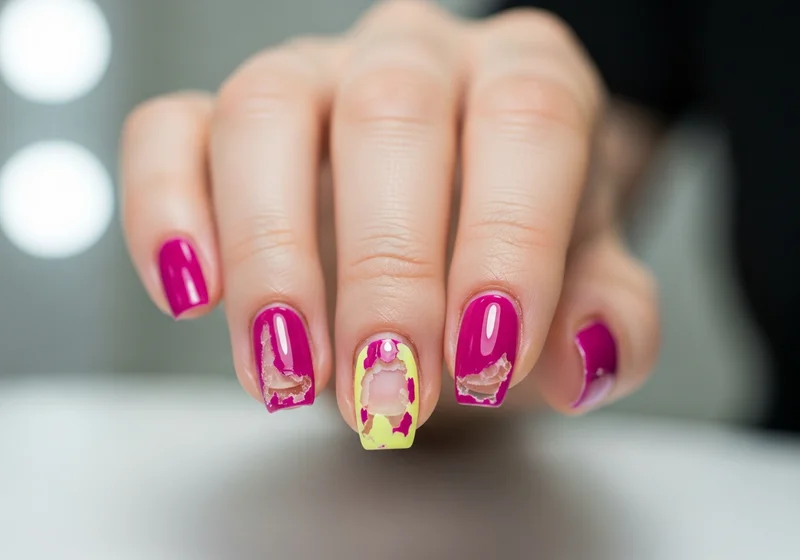 Dłoń z popękanym i odrywającym się lakierem hybrydowym na kilku paznokciach, ilustrująca błędy w stylizacji manicure.