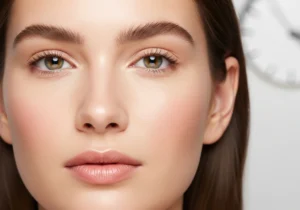 Zbliżenie na twarz kobiety o nieskazitelnej cerze, wyrazistych brwiach i naturalnym makijażu w stylu "no makeup".