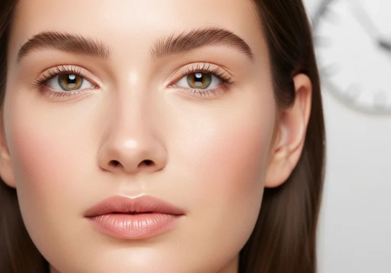 Zbliżenie na twarz kobiety o nieskazitelnej cerze, wyrazistych brwiach i naturalnym makijażu w stylu "no makeup".