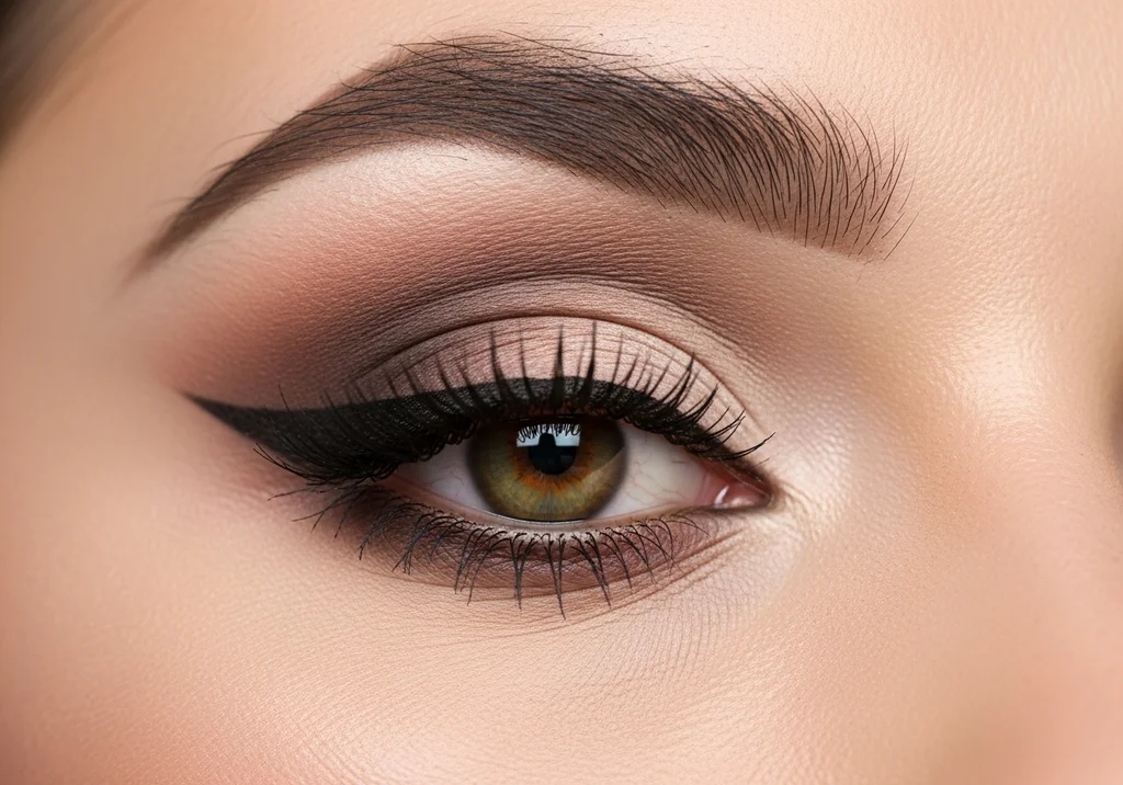 Precyzyjny makijaż oka z wyrazistą kreską typu eyeliner i cieniowaniem optycznie korygującym opadającą powiekę.