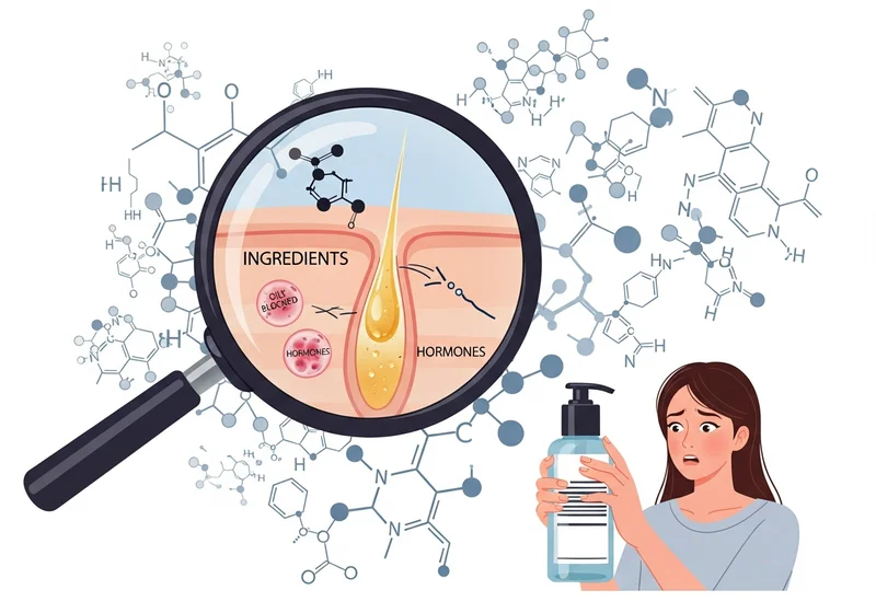 Lupa nad skórą z cząsteczkami sebum i hormonami oraz zaniepokojona kobieta czytająca skład kosmetyku na tle wzorów chemicznych.
