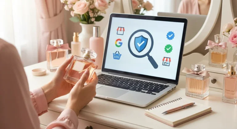 Kobieta trzymająca flakon perfum przed laptopem z ikonami bezpieczeństwa zakupów online i weryfikacji sklepów.