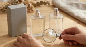 Dłoń trzymająca lupę nad napisem „BATCH CODE” na szklanym flakonie perfum stojącym obok szarego kartonika.