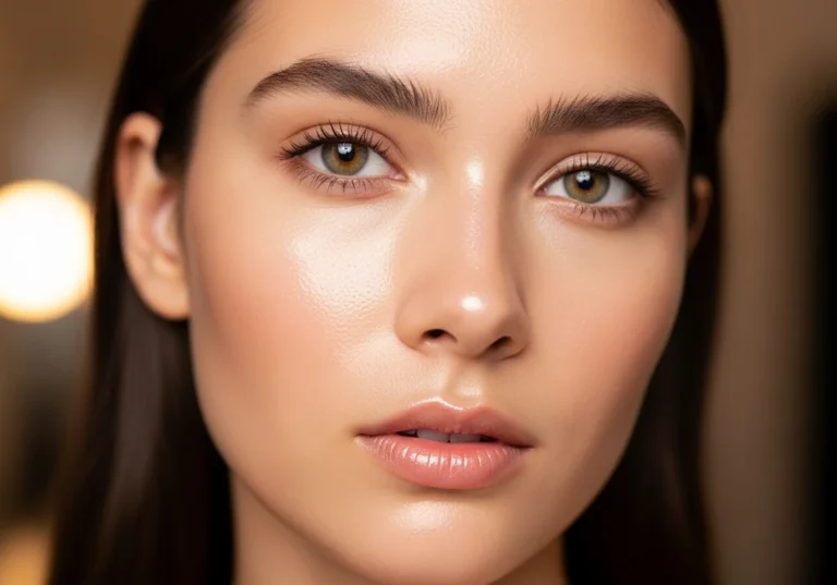 Zbliżenie na twarz kobiety o nieskazitelnej, promiennej skórze z efektem „glass skin” i naturalnym wykończeniem makijażu.