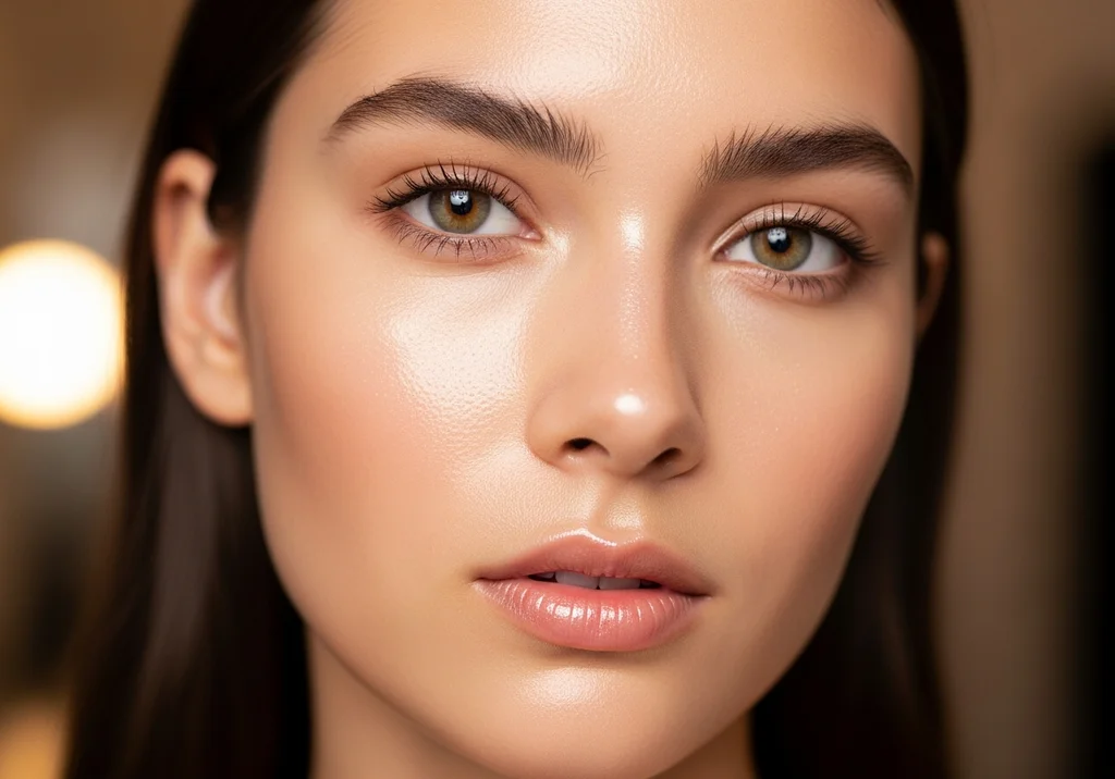 Zbliżenie na twarz kobiety o nieskazitelnej, promiennej skórze z efektem „glass skin” i naturalnym wykończeniem makijażu.