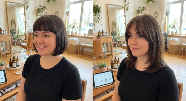Porównanie fryzur: krótki bob z prostą grzywką oraz wysmuklające cięcie warstwowe z grzywką curtain bangs u tej samej kobiety.