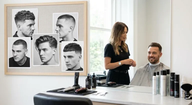 Kobieta fryzjer rozmawia z klientem przed lustrem; obok wisi tablica ze zdjęciami fryzur męskich typu crop i buzz cut.