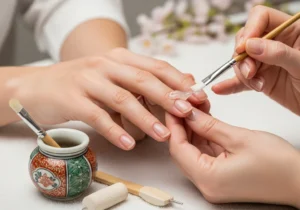 Zabieg manicure'u japońskiego – stylistka nakłada odżywczą pastę na paznokieć klientki przy pomocy pędzelka.
