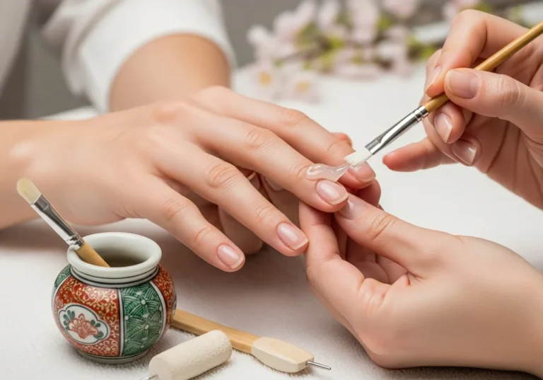 Zabieg manicure'u japońskiego – stylistka nakłada odżywczą pastę na paznokieć klientki przy pomocy pędzelka.