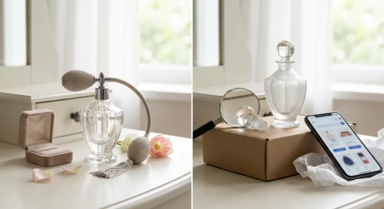 Flakonik perfum z pompką obok pudełka na biżuterię oraz szklana karafka na kartonie obok telefonu i szkła powiększającego