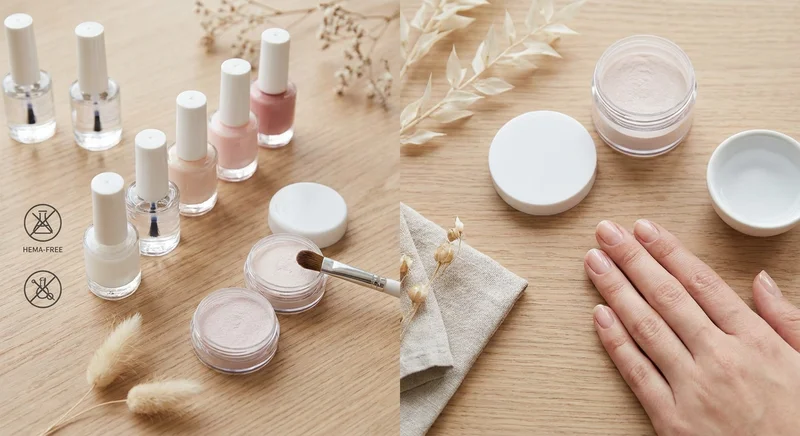 Kosmetyki do manicure z oznaczeniem HEMA-free, słoiczki z pyłkiem do paznokci i dłoń z naturalnym, jasnoróżowym manicure.