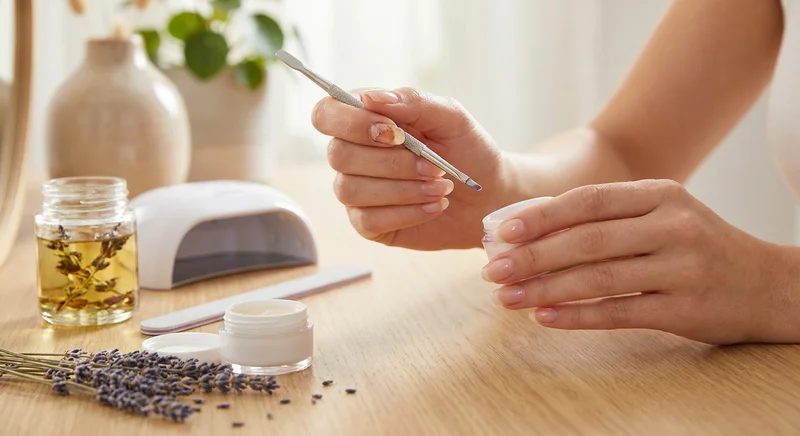 Dłonie z metalowym kopytkiem i słoiczkiem z żelem na tle lampy UV, pilnika i kosmetyków do manicure.