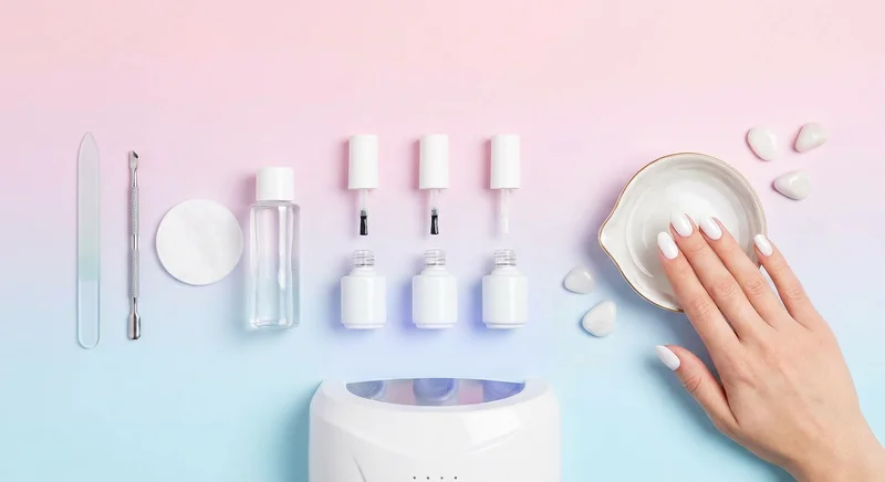 Akcesoria do manicure hybrydowego, butelki białego lakieru, lampa UV i dłoń z białymi paznokciami na pastelowym tle.