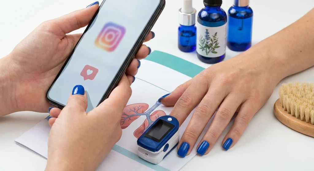 Dłonie z niebieskimi paznokciami: jedna trzyma telefon z Instagramem, druga z pulsoksymetrem na tle rysunku płuc.