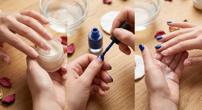 Etapy bezpiecznego manicure: nakładanie kremu na skórki, malowanie paznokci niebieskim lakierem i nawilżanie dłoni.