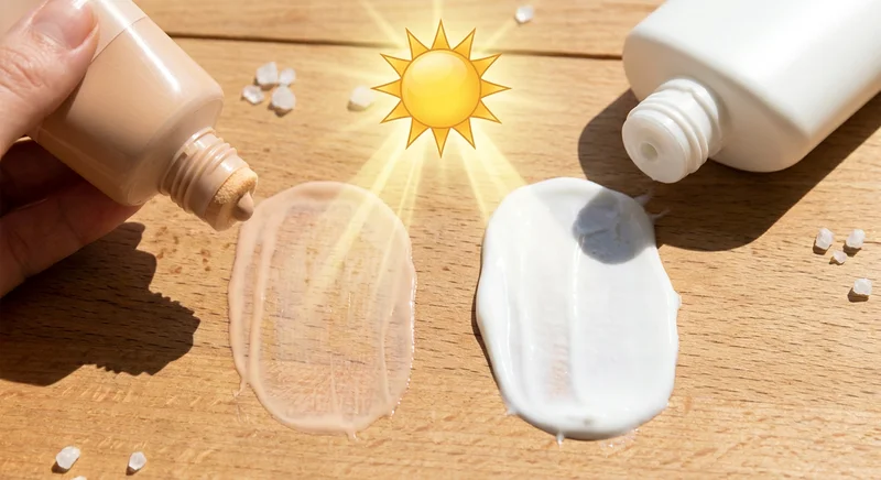 Porównanie cienkiej plamy beżowego kremu BB i grubej warstwy białego kremu SPF pod grafiką słońca.