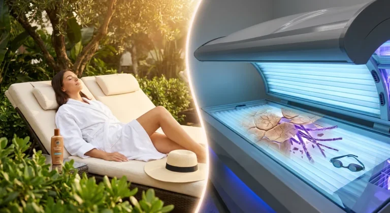 Porównanie relaksu w ogrodzie z łóżkiem solaryjnym pokazującym zniszczoną strukturę skóry i kolagenu.