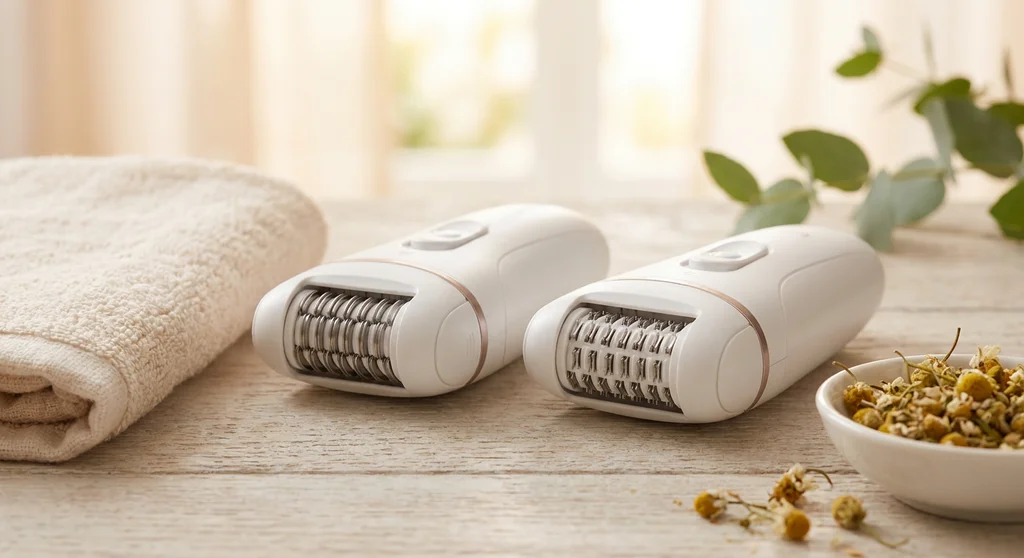 Dwa białe depilatory obok siebie: po lewej model dyskowy, po prawej model z pęsetami.