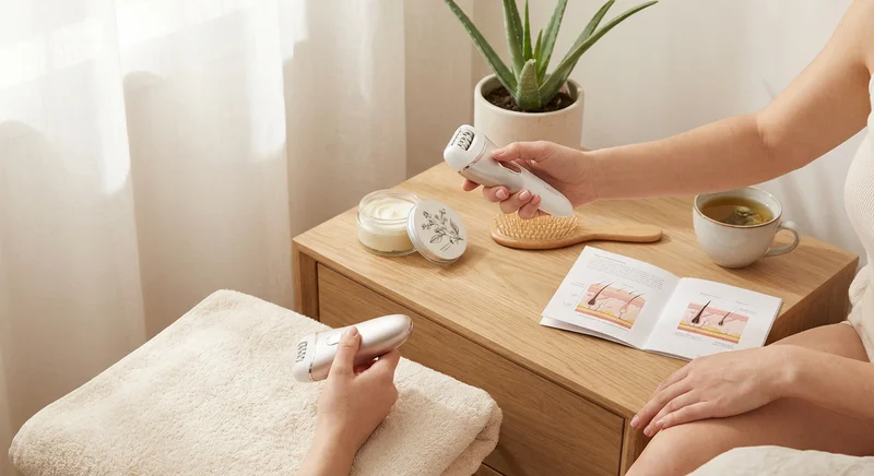 Dłonie trzymające dwa różne depilatory obok otwartej broszury z ilustracją budowy skóry i włosa.