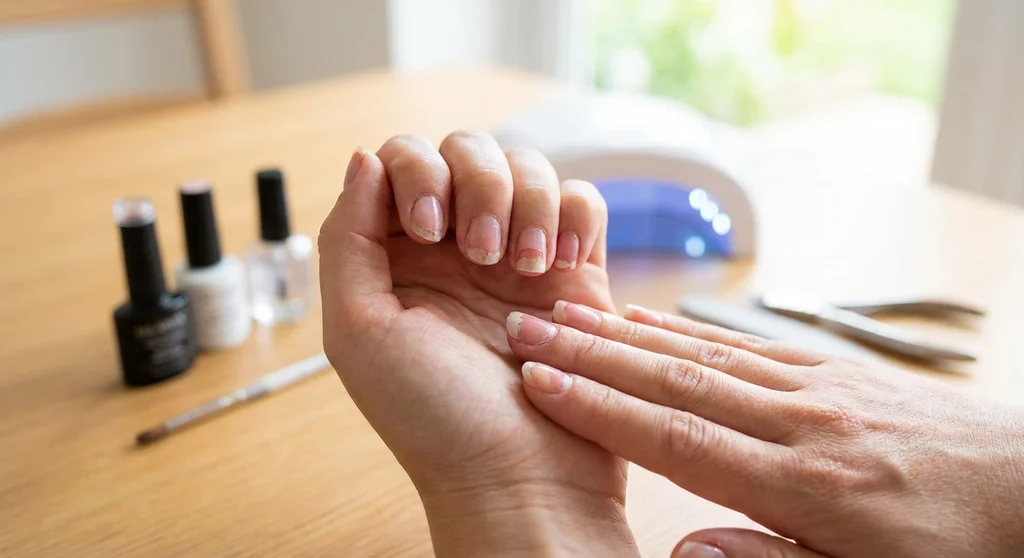 Dłonie z odpryskującą hybrydą na końcach paznokci na tle lampy UV i akcesoriów do manicure.