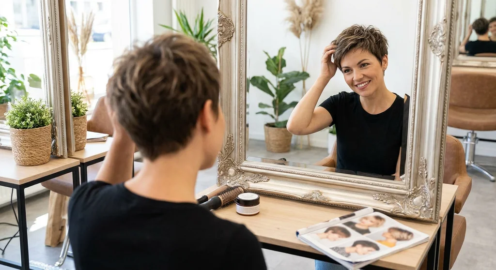 Uśmiechnięta kobieta z krótką fryzurą pixie cut przegląda się w lustrze w salonie fryzjerskim.