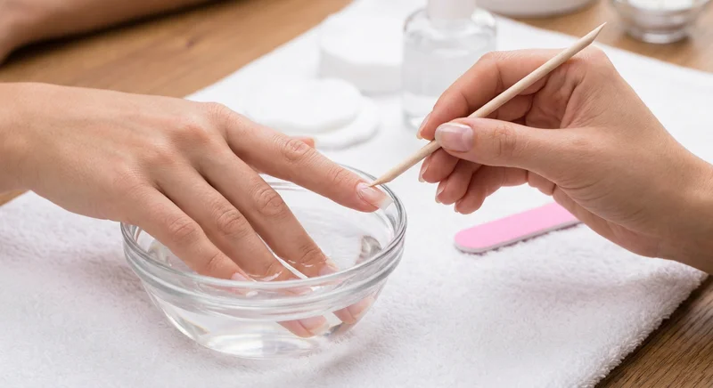 Moczenie paznokci w miseczce z płynem i odsuwanie skórek drewnianym patyczkiem podczas zabiegu manicure.