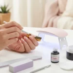 Nakładanie żelu pędzelkiem na szablon do przedłużania paznokci. Obok leżą akcesoria do manicure i lampa LED.