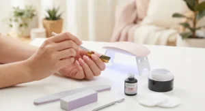 Nakładanie żelu pędzelkiem na szablon do przedłużania paznokci. Obok leżą akcesoria do manicure i lampa LED.