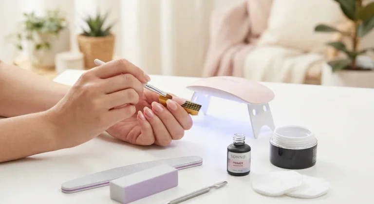 Nakładanie żelu pędzelkiem na szablon do przedłużania paznokci. Obok leżą akcesoria do manicure i lampa LED.