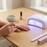 Malowanie paznokci lakierem hybrydowym przy stole z włączoną lampą UV/LED i akcesoriami do manicure.