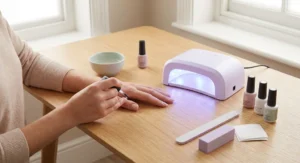 Malowanie paznokci lakierem hybrydowym przy stole z włączoną lampą UV/LED i akcesoriami do manicure.